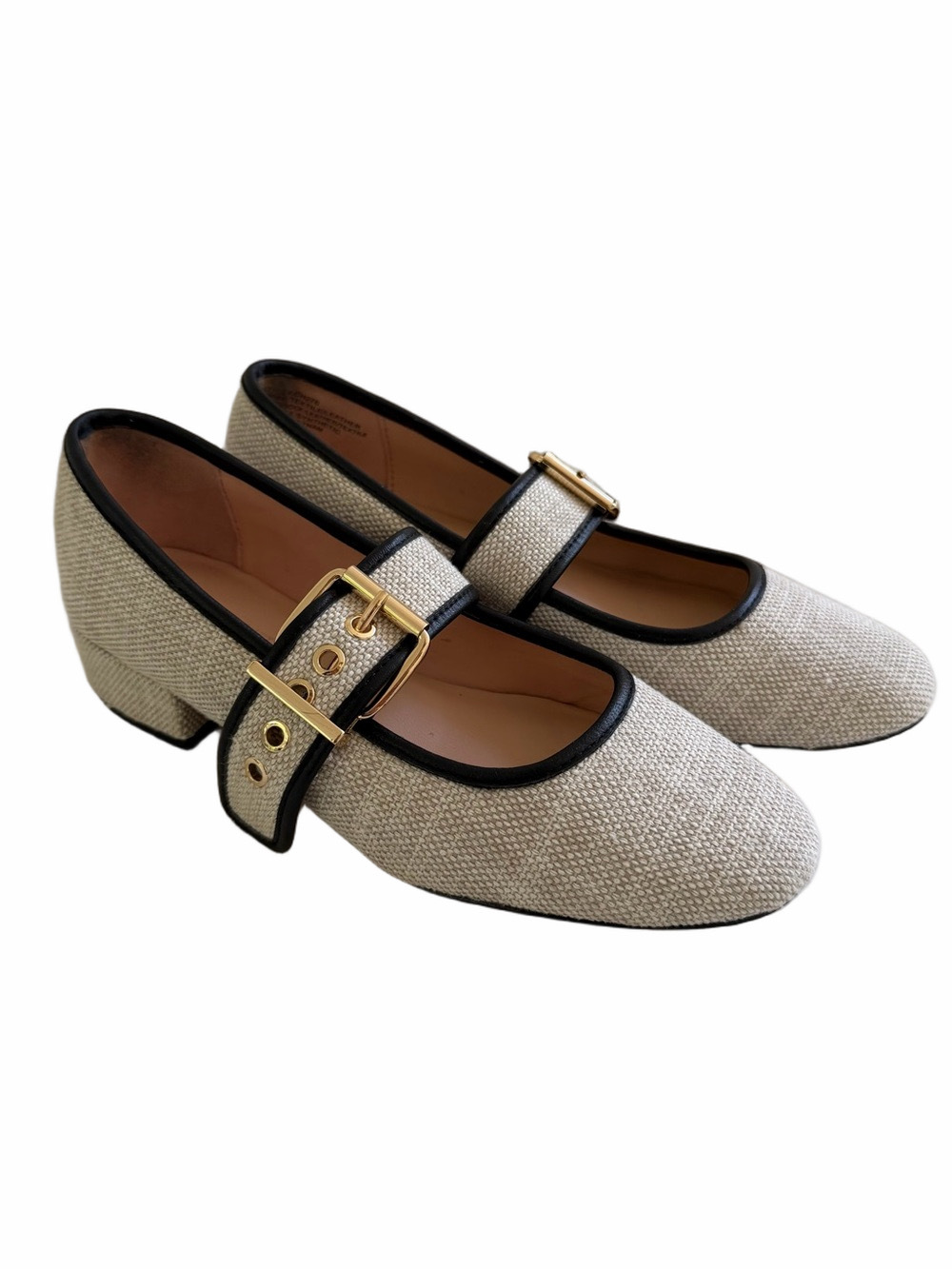 J. Crew Teagan Mary Jane’s Spanish Canvas Gold Buckle Leather Textile 2025 Sz 7